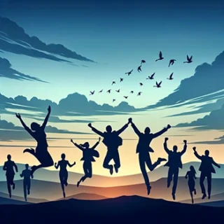 Customer Success Celebration: Silhouette of people outside jumping for joy